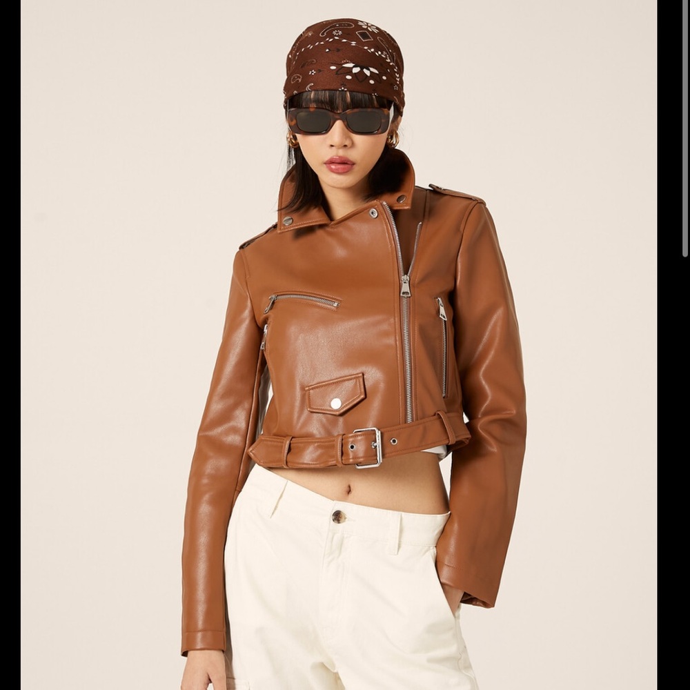 Nwt Stoosh Women's Brown Leather-Effect Biker Jacket